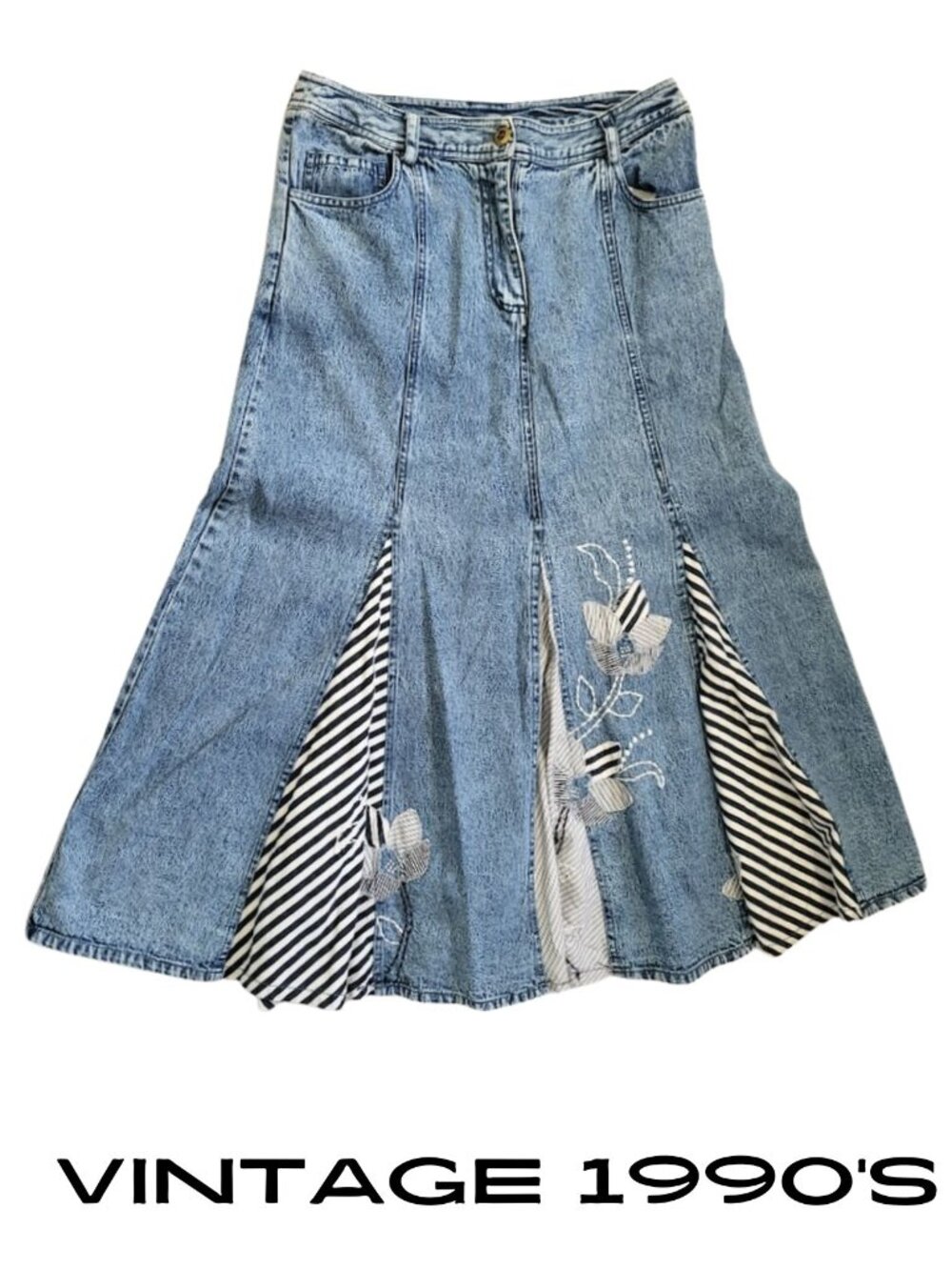 CHOICES Vintage Floral Patchwork Long Blue Denim Flare Jean Skirt - Women's M